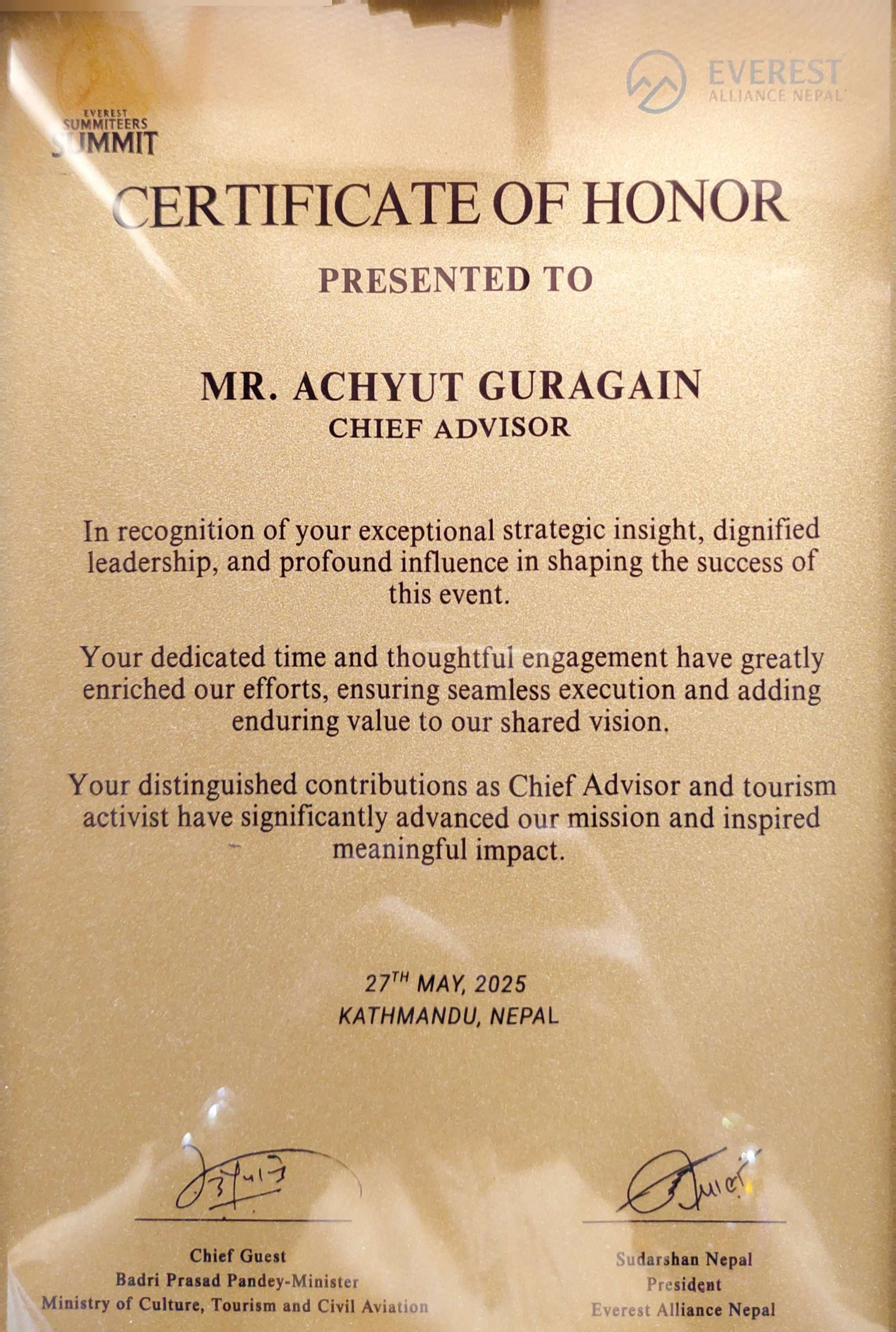Certificate of Honor - Chief Advisor Everest Summiteers Summit